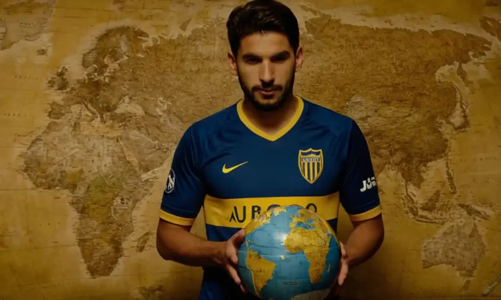 Una persona que sostiene la camiseta del Club Atlético Boca Juniors con un globo o mapa en el fondo.