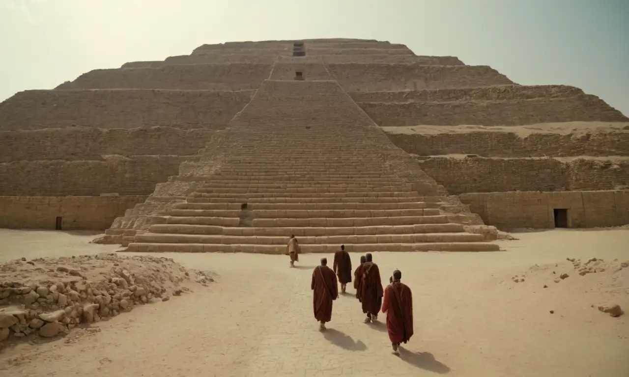 Antiguos sacerdotes mesopotamianos ascendiendo la pirámide pisada del Ziggurat en Uruk.