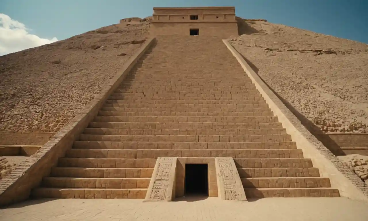 Una antigua estructura de ziggurat Sumerian con detalles arquitectónicos y diagramas.